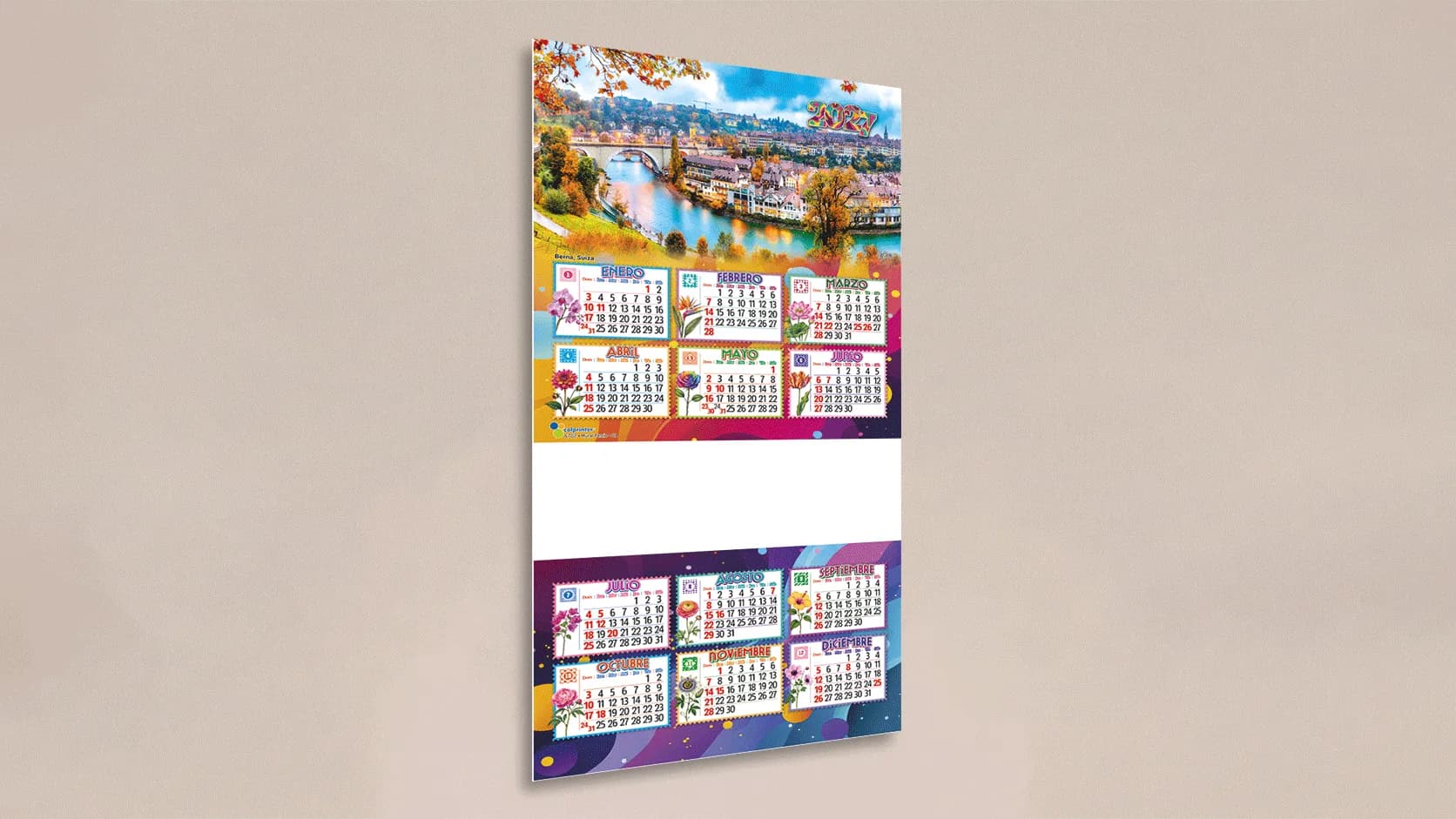 Calendario mural Tercio personalizado, disponible en dos motivos y con amplio espacio publicitario para la marca